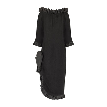 ARCHIVE - 1987 Saint Laurent Runway Black Crinkle Dress with Taffeta Ruffles