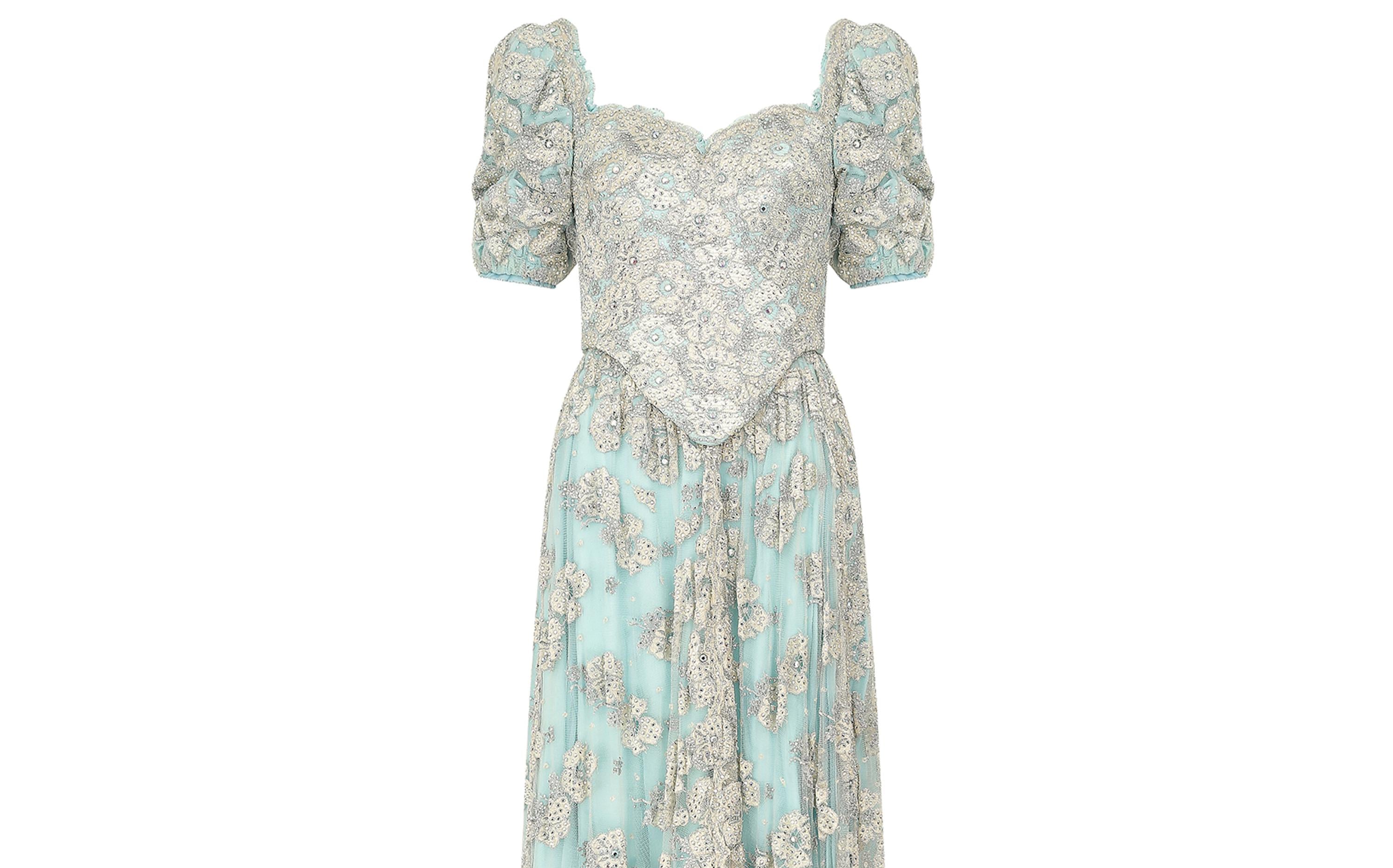 1990s Bespoke Embellished Lace and Crystal Turquoise Dress