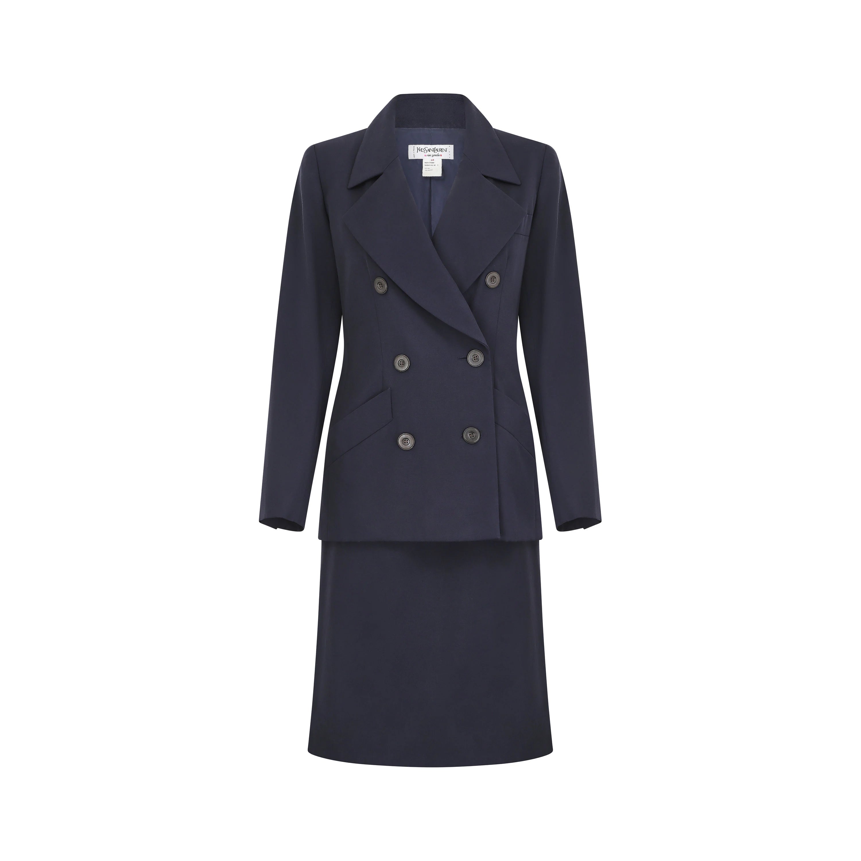 1990s Yves Saint Laurent Navy Blazer Skirt Suit