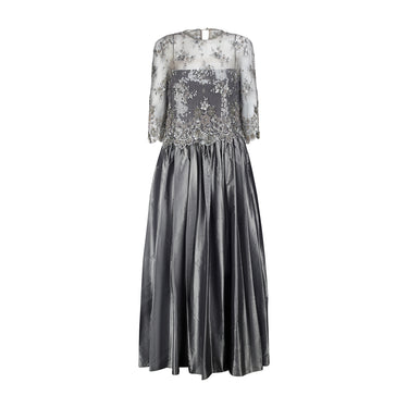 1990s Badgley Mischka Gunmetal Silver Ball Gown with Sequinned Bodice