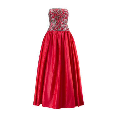 1990s Escada Couture Red Silk Taffeta and Metallic Lace Gown
