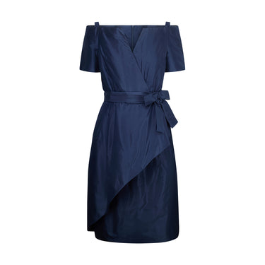 1990s Scaasi Boutique Navy Silk Off the Shoulder Dress with Belt