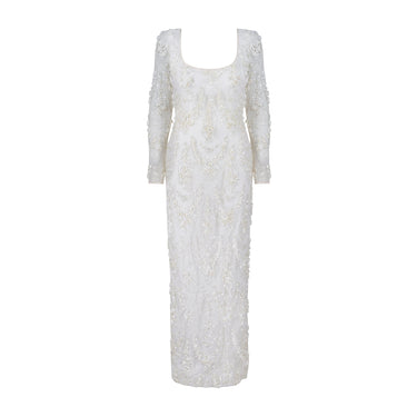 1990s Tatters White Tulle Ribbonwork Column Dress with Sequins