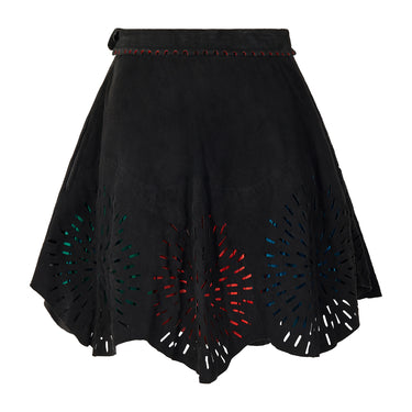 ARCHIVE - 1994 Alaia Black Suede Cut Out Skirt with Green Red and Blue Tassels