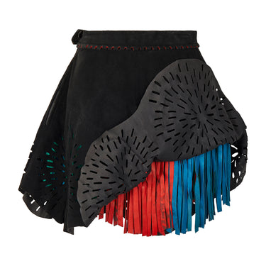 ARCHIVE - 1994 Alaia Black Suede Cut Out Skirt with Green Red and Blue Tassels