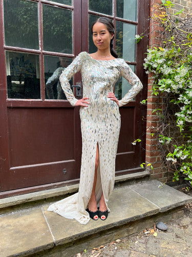 ARCHIVE - 2010s Jenny Packham White and Gold Palette Sequin Maxi Dress