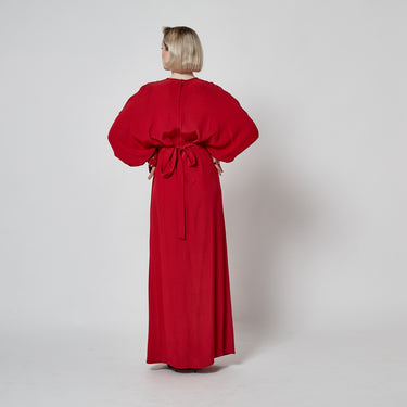 1970s John Bates Red Crepe Maxi-Dress with Sequin Rocket Applique