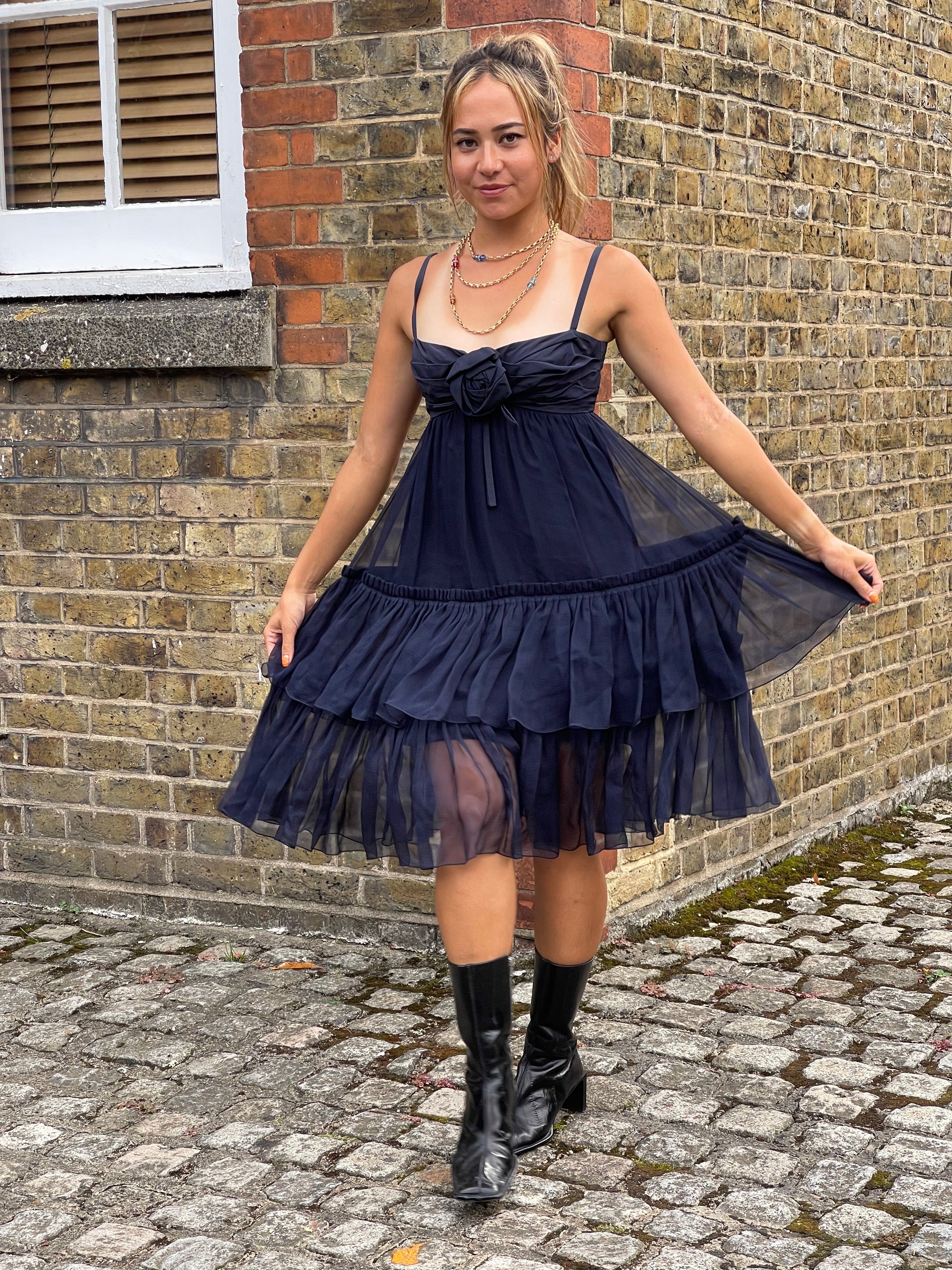 ARCHIVE - 2008 Christian Dior Navy Silk Chiffon Babydoll Dress CIRCA VINTAGE ARCHIVE - 2008 Christian Dior Navy Silk Chiffon Babydoll Dress CIRCA VINTAGE