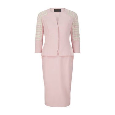 2000s Bruce Oldfield Couture Pink Skirt Suit with White Beadwork