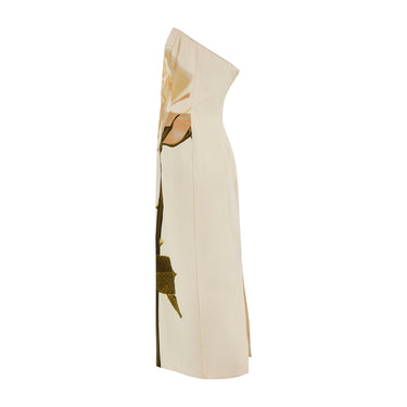 ARCHIVE - 1992 Isaac Mizrahi Runway Yellow Rose Print Cream Strapless Dress