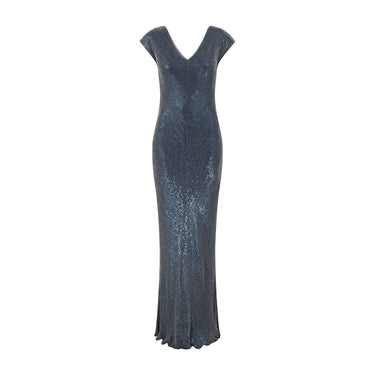 2000s Jenny Packham Navy White Sequin and Beaded Column Dress