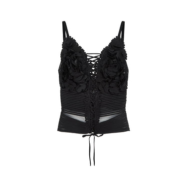 ARCHIVE - 2000s La Perla Black Peekaboo Corset Cami with Appliqué Flowers