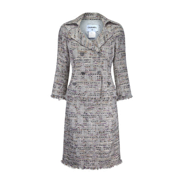 ARCHIVE - 2008 Chanel Silver Fantasy Tweed Double Breasted Dress Suit
