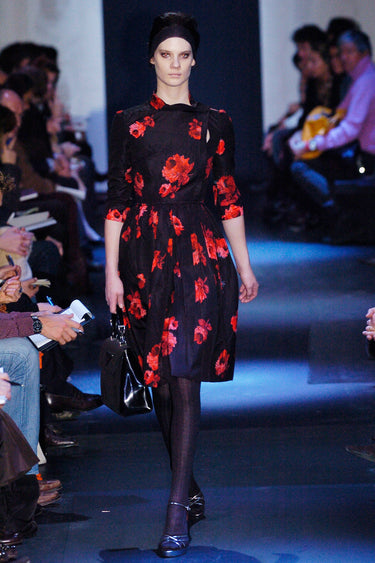 2006 Prada Runway Documented Black Silk and Red Rose Print Dress