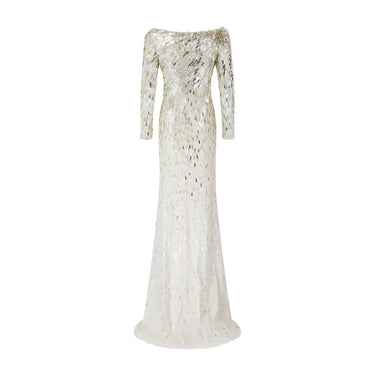 ARCHIVE - 2010s Jenny Packham White and Gold Palette Sequin Maxi Dress