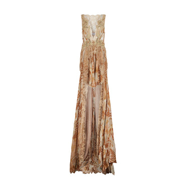 2011 Julien Macdonald Runway Gold Beige Lace Appliqué Fern Print Dress