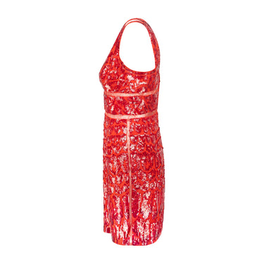 2014 Roberto Cavalli Flame Red Sequin Mini Dress with Lace Inserts