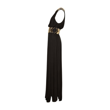 2015 Balmain Cream and Gold Beaded Black Jersey Maxi-Dress