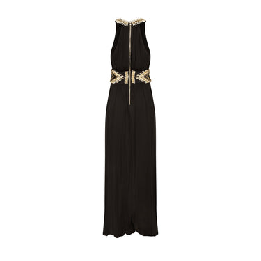 2015 Balmain Cream and Gold Beaded Black Jersey Maxi-Dress