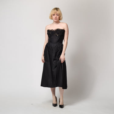 1950s Black Strapless Dress With Sweetheart Neckline and Lace Trim