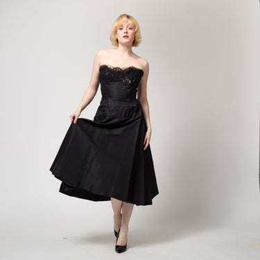 1950s Black Strapless Dress With Sweetheart Neckline and Lace Trim