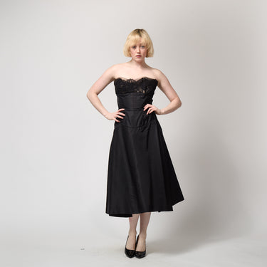 1950s Black Strapless Dress With Sweetheart Neckline and Lace Trim