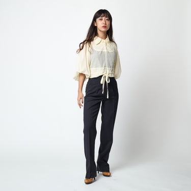 1970s Jeff Banks Cream Bell-Sleeve Crop Top with Drawstring Waist
