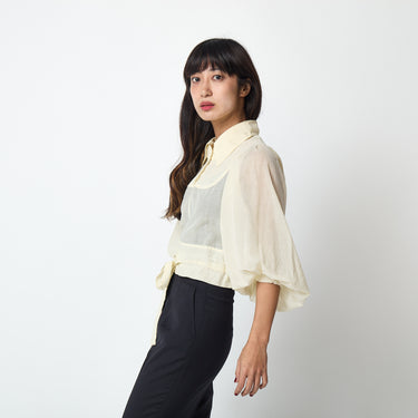 1970s Jeff Banks Cream Bell-Sleeve Crop Top with Drawstring Waist