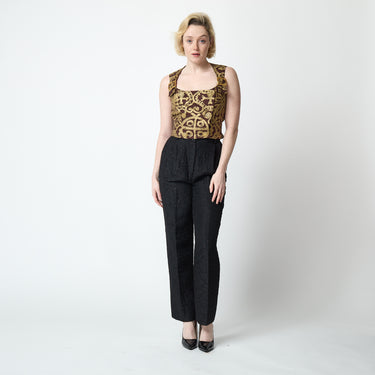 1990s Valentino Black Floral Jacquard Trousers; 1993 Christian Lacroix Brown and Gold Corset Top