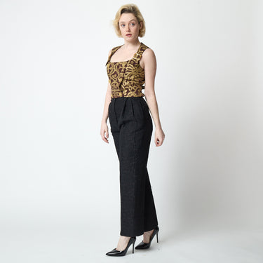 1990s Valentino Black Floral Jacquard Trousers; 1993 Christian Lacroix Brown and Gold Corset Top