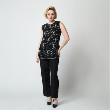 1960s Franpear Beaded and Sequinned Black Wool Tunic Top