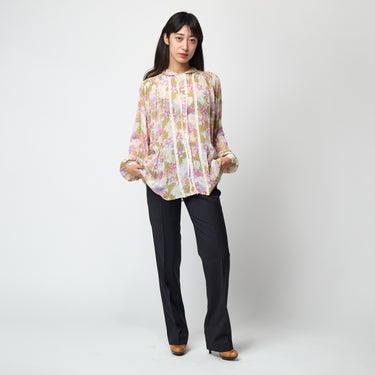 1970s Jeff Banks Floral Chiffon and Lace Blouse