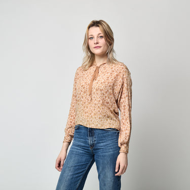 1920s Pale Brown Leaf Print Silk Blouse with Tie-Neck