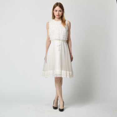 1960s Jean Varon White Sleeveless Ruffle Lace Dress