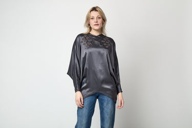 1980s Jean Muir Grey Silk Batwing Blouse