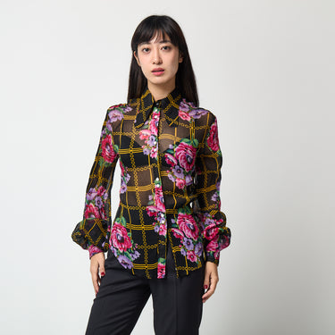 1970s Jeff Banks Black Yellow Geometric Floral Sheer Chiffon Shirt