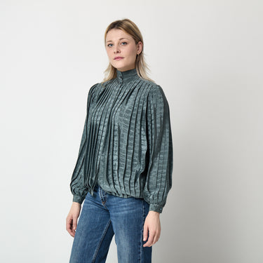 1970s to 1980s Gucci Teal Silk Jacquard Pleated Blouse