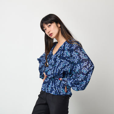 1970s Pucci Blue Floral Silk Blouse with Ruffle Neckline