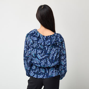 1970s Pucci Blue Floral Silk Blouse with Ruffle Neckline