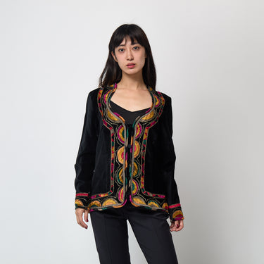 1990s Jean Paul Gaultier Black Velvet Jacket with Jewel Toned Trim