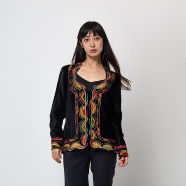 1990s Jean Paul Gaultier Black Velvet Jacket with Jewel Toned Trim