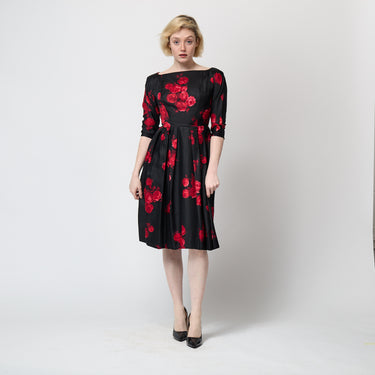 ARCHIVE - 1950s Suzy Perette Satin Black and Red Rose Print Dress
