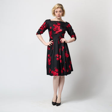 ARCHIVE - 1950s Suzy Perette Satin Black and Red Rose Print Dress