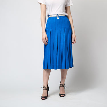 1970s Hermès French Blue Pleated Skirt with Leather Belt Detail