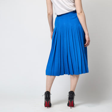 1970s Hermès French Blue Pleated Skirt with Leather Belt Detail