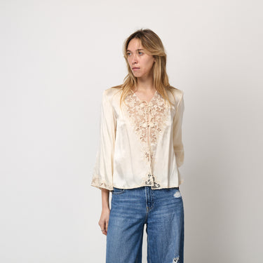 ARCHIVE - 1930s Cream Silk Hand Embroidered Lace Blouse with Elaborate Buttons