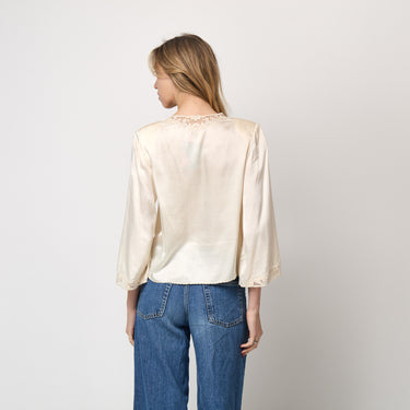 ARCHIVE - 1930s Cream Silk Hand Embroidered Lace Blouse with Elaborate Buttons