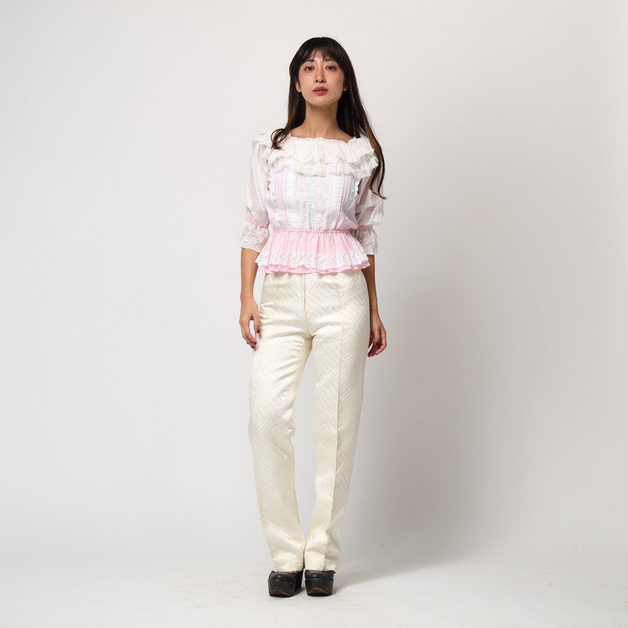 Martin Ruffle 1970s Marisa Martin Pink and White Lace Ruffle Blouse – CIRCA VINTAGE