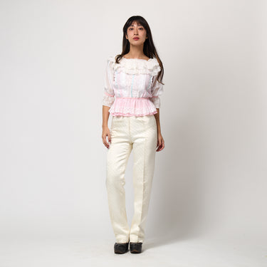 1970s Marisa Martin Pink and White Lace Ruffle Blouse
