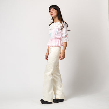 1970s Marisa Martin Pink and White Lace Ruffle Blouse